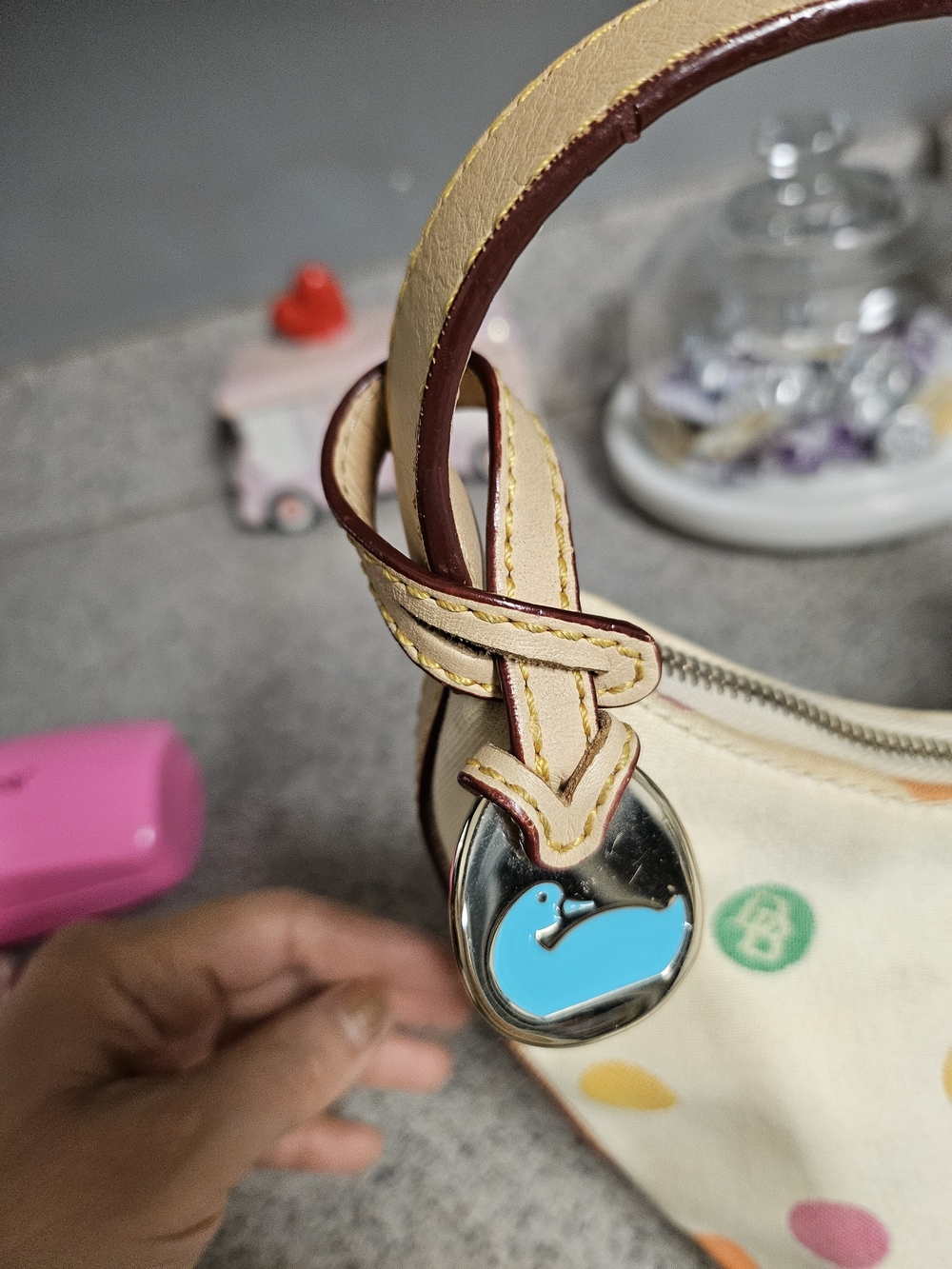Dooney & Bourke Cream Shoulder Bag with Multicolor Polka Dots - Picture 3 of 16